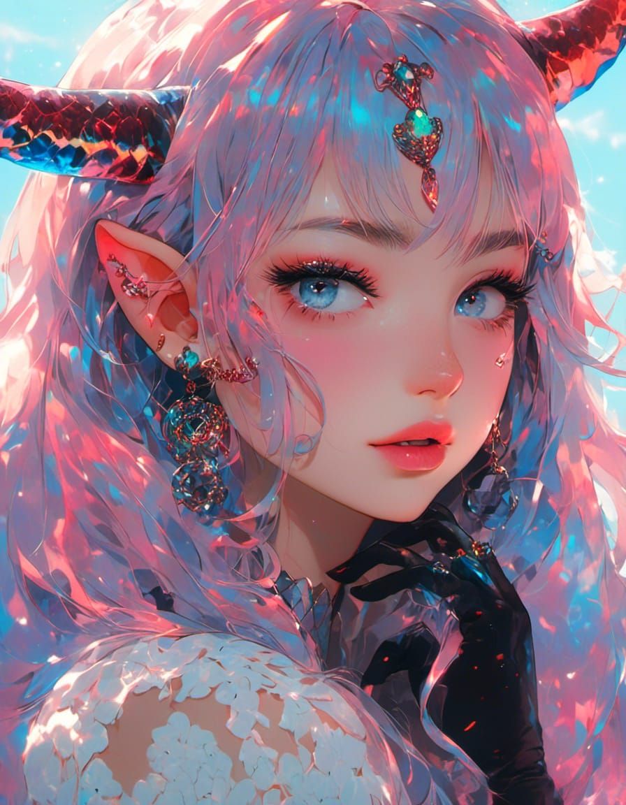 prfm style, manga style, A portrait of a beautiful demon girl, sharp focus, complex details, otherworldly luminism, intricate lighting, cine...