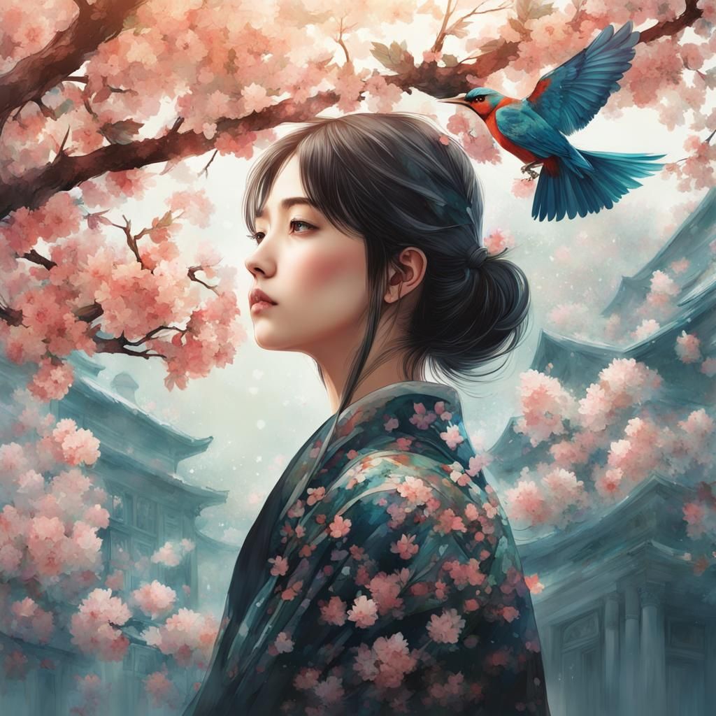 Girl, blossom, bird and tree, Double exposure portrait, intr...