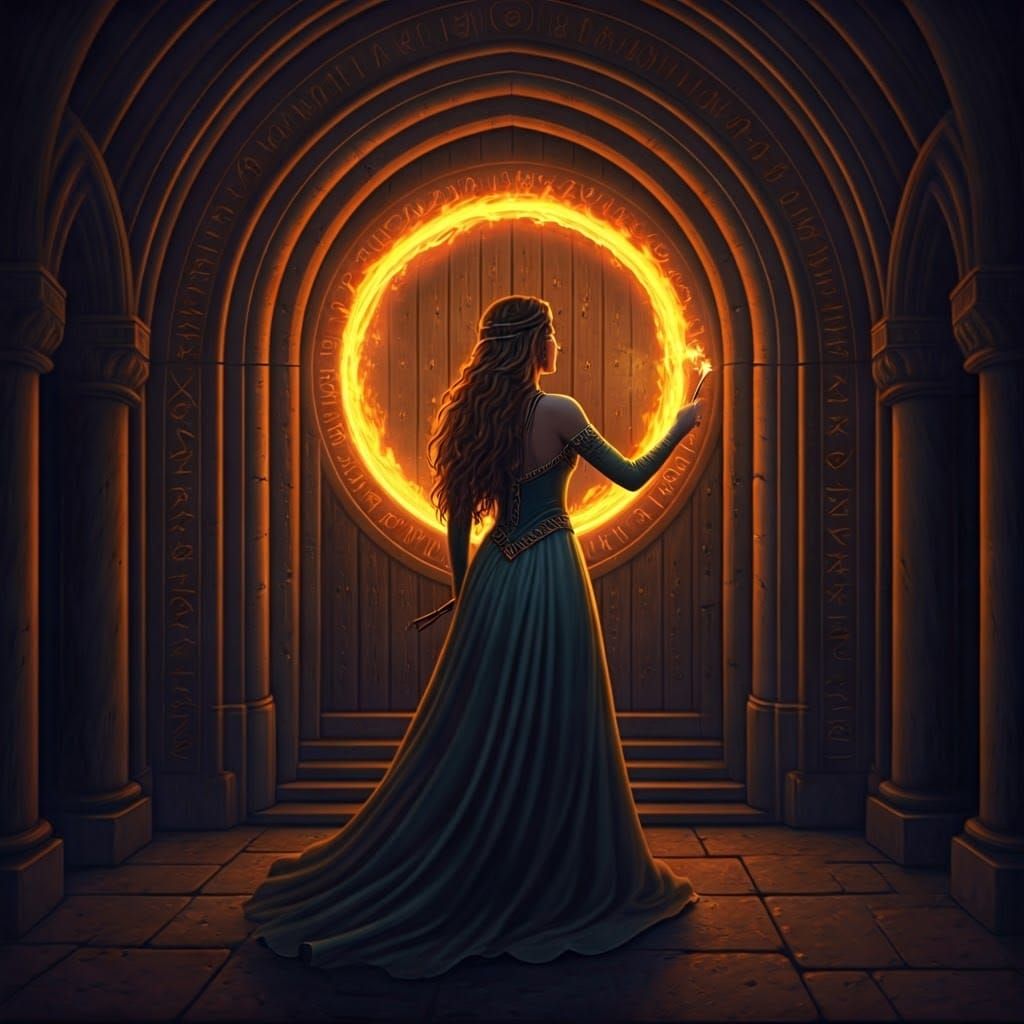 A young woman standind before a magical door,  waving  a wand at the door, a ring of fire around door, fantastical, midevil, 