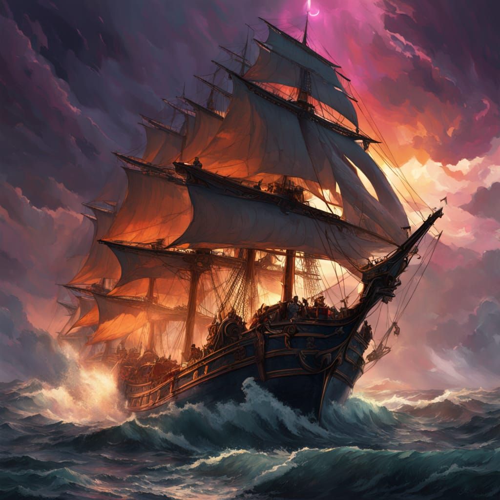 A dramatic 18th-century tall ship with dark sails battling through a raging storm in the open sea. Giant waves crashing around, dark thunder...