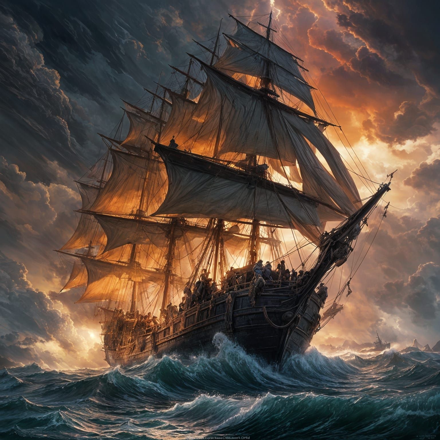 A dramatic 18th-century tall ship with dark sails battling through a raging storm in the open sea. Giant ...