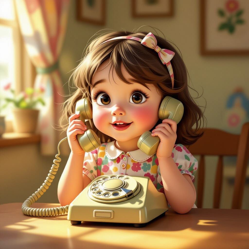 Cute Girl Talking on Vintage Rotary Phone
