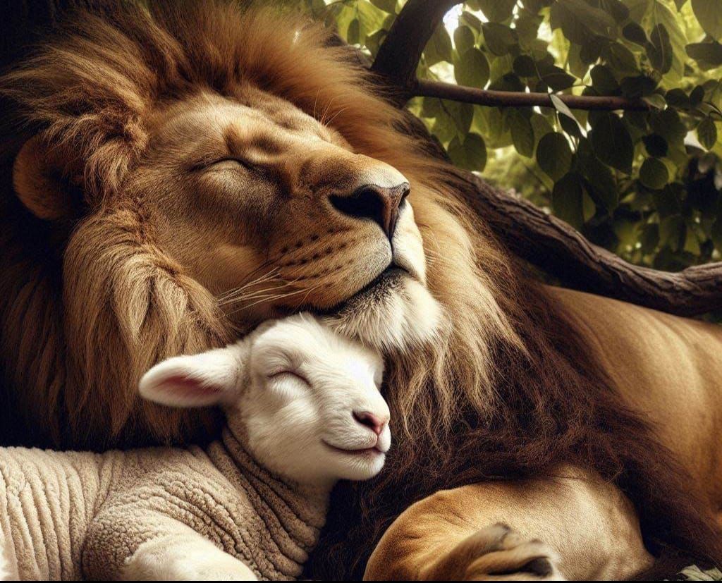 A Lion with a Lamb, two images