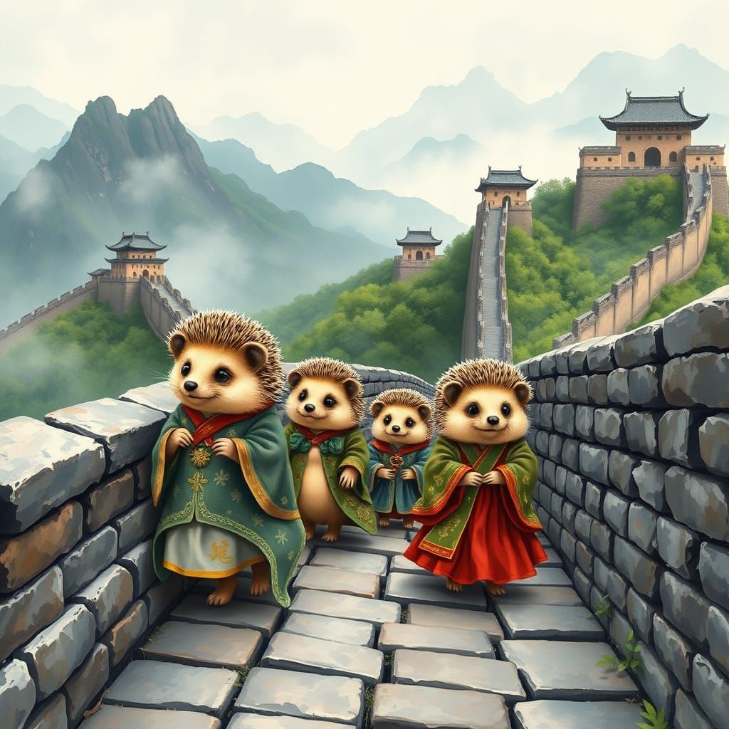 Hedgehog family on the great wall of china  by @Pukinette