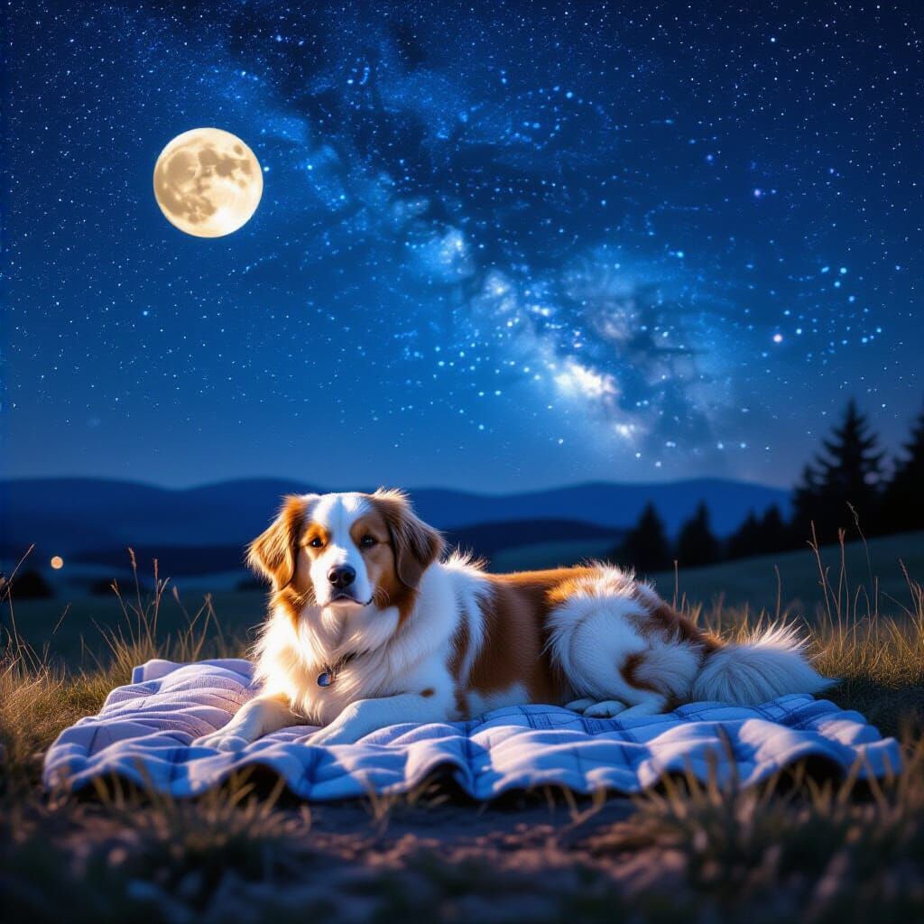 Tiny Puppy on Moon Pillow Under Starry Night Sky