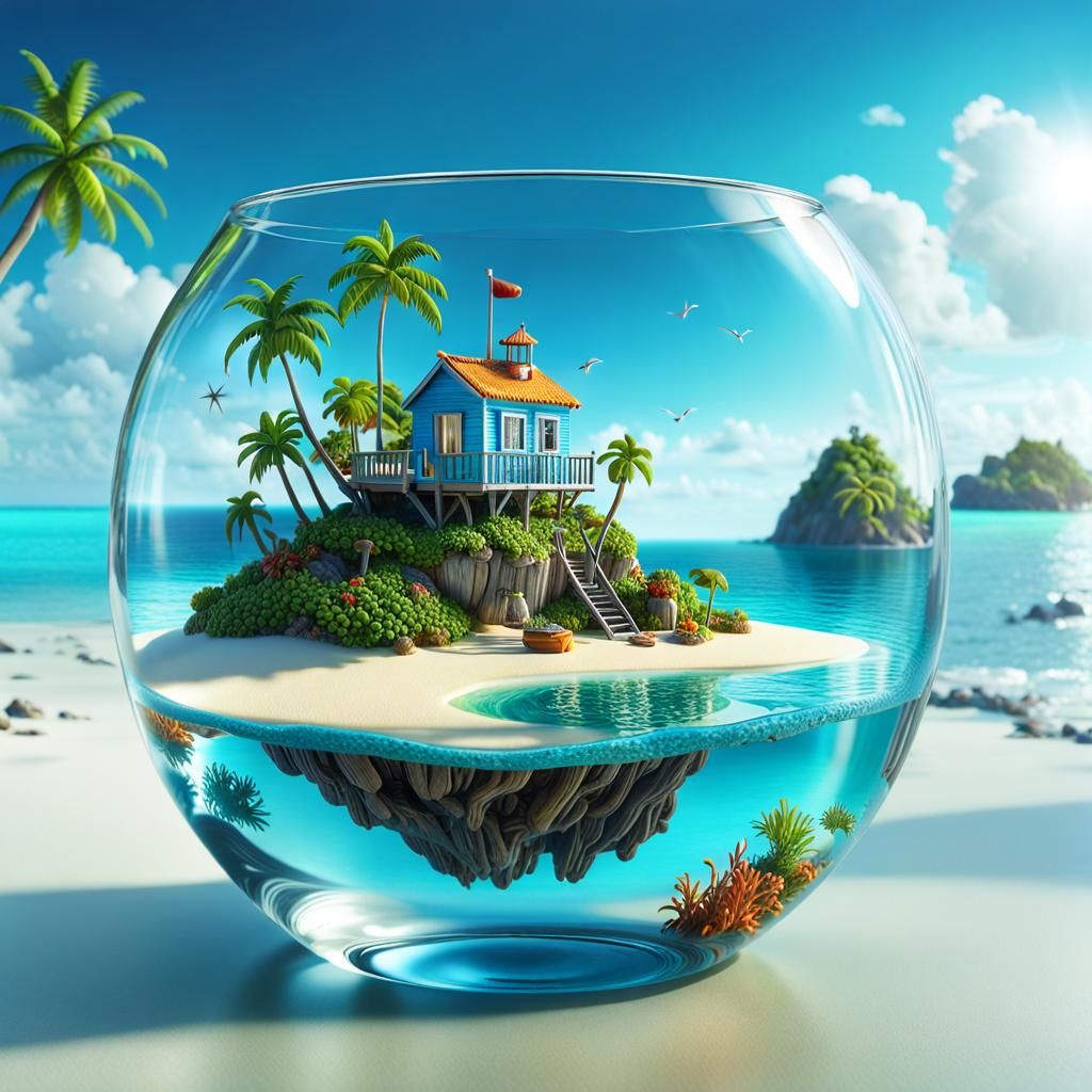 island with beach inside a glass of water  by @Bunny77