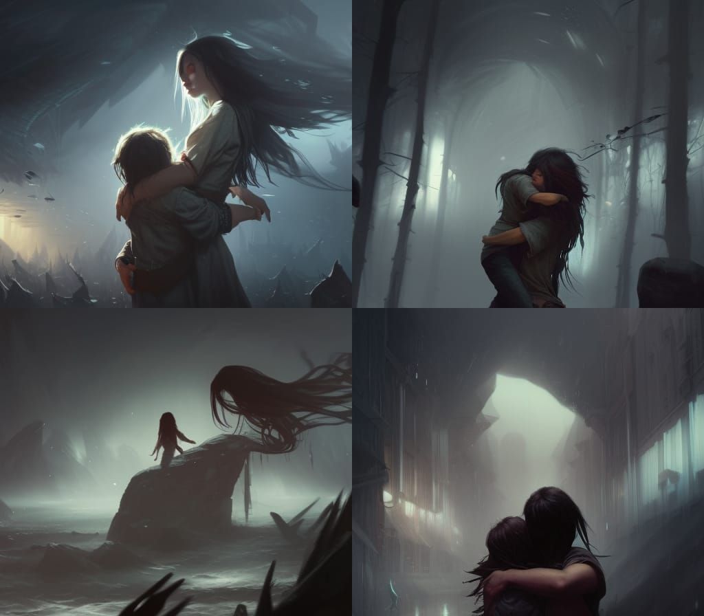 Girl with long dark hair hugs a boy, coherent, dark pallete,...