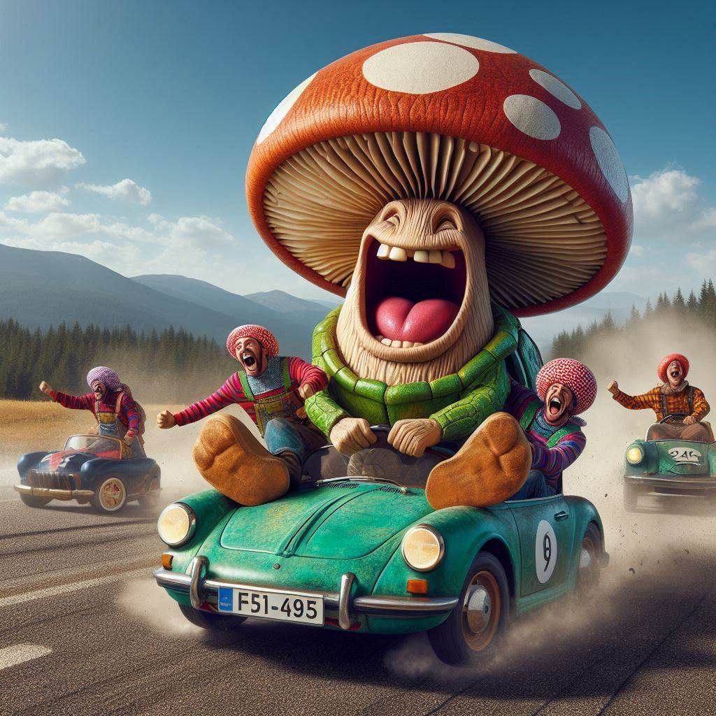 the crazy mushroom races in a car in the shape of a turtle and beats the other participants laughing madly