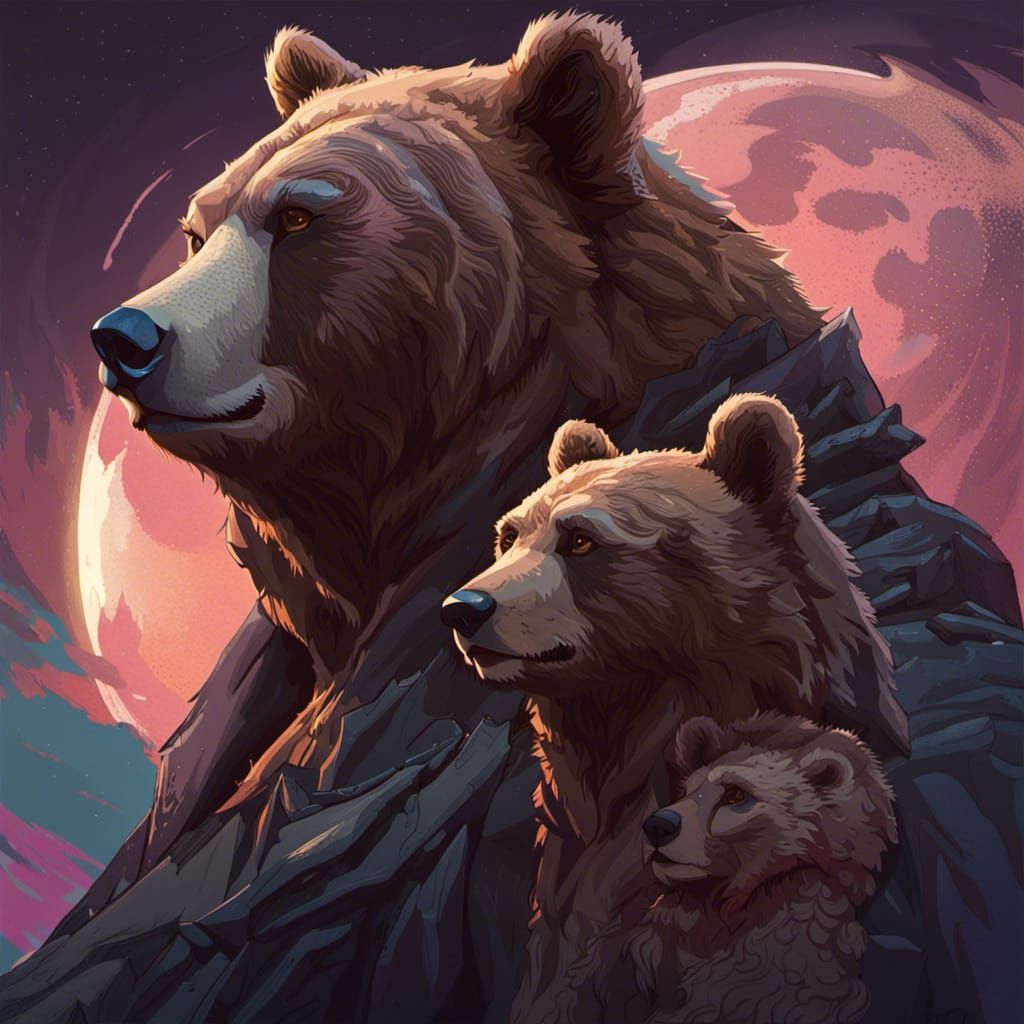 Dad Bear and single cub under the moon
