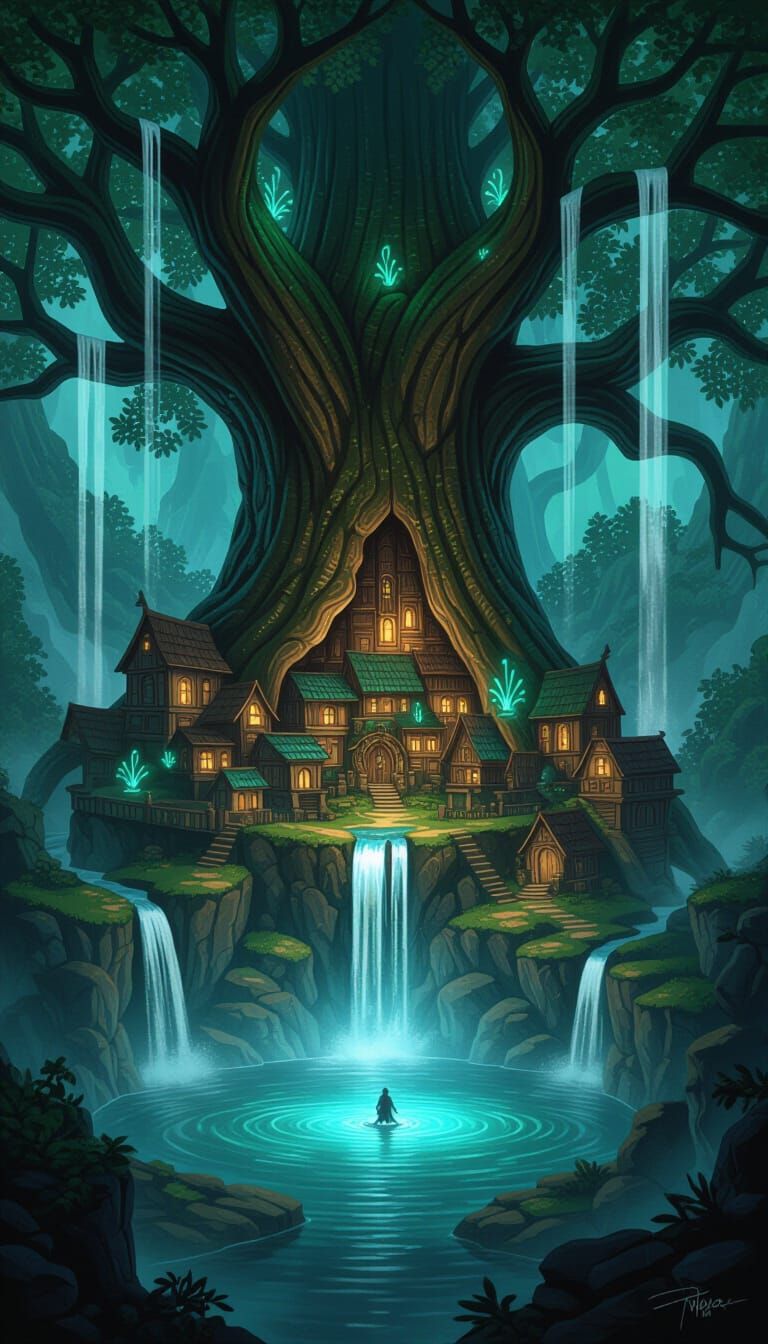 A grand, epic concept art piece showcasing a hidden village built within a colossal, hollowed-out oak tree. Waterfalls cascade from unseen h...