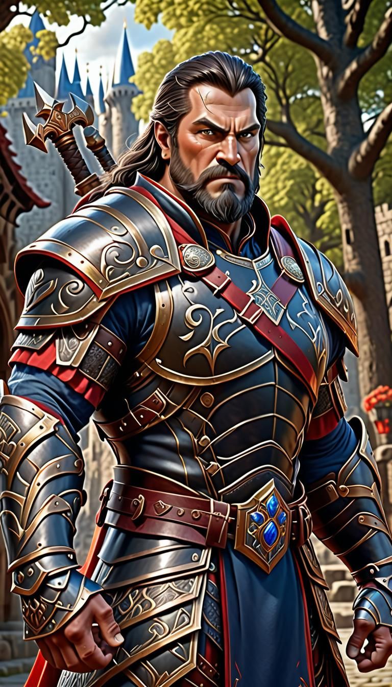 A middle age large man, muscular, dark curvy hair, beard, in...