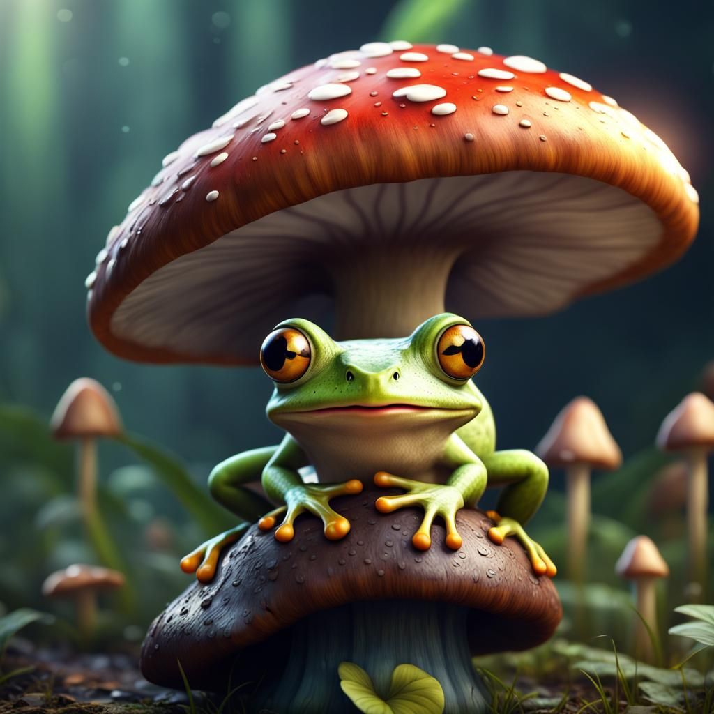 cute frog on a mushroom realistic