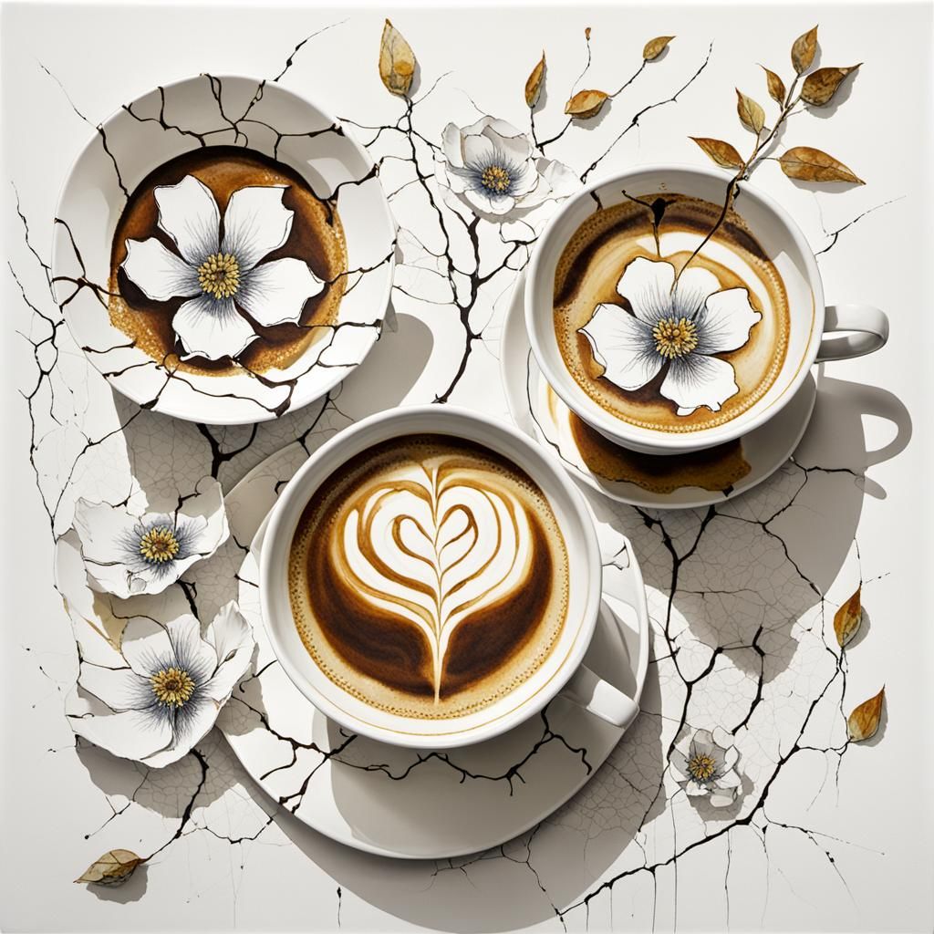 Magical surrealism, coffee surrealism, coffee in flower cups...
