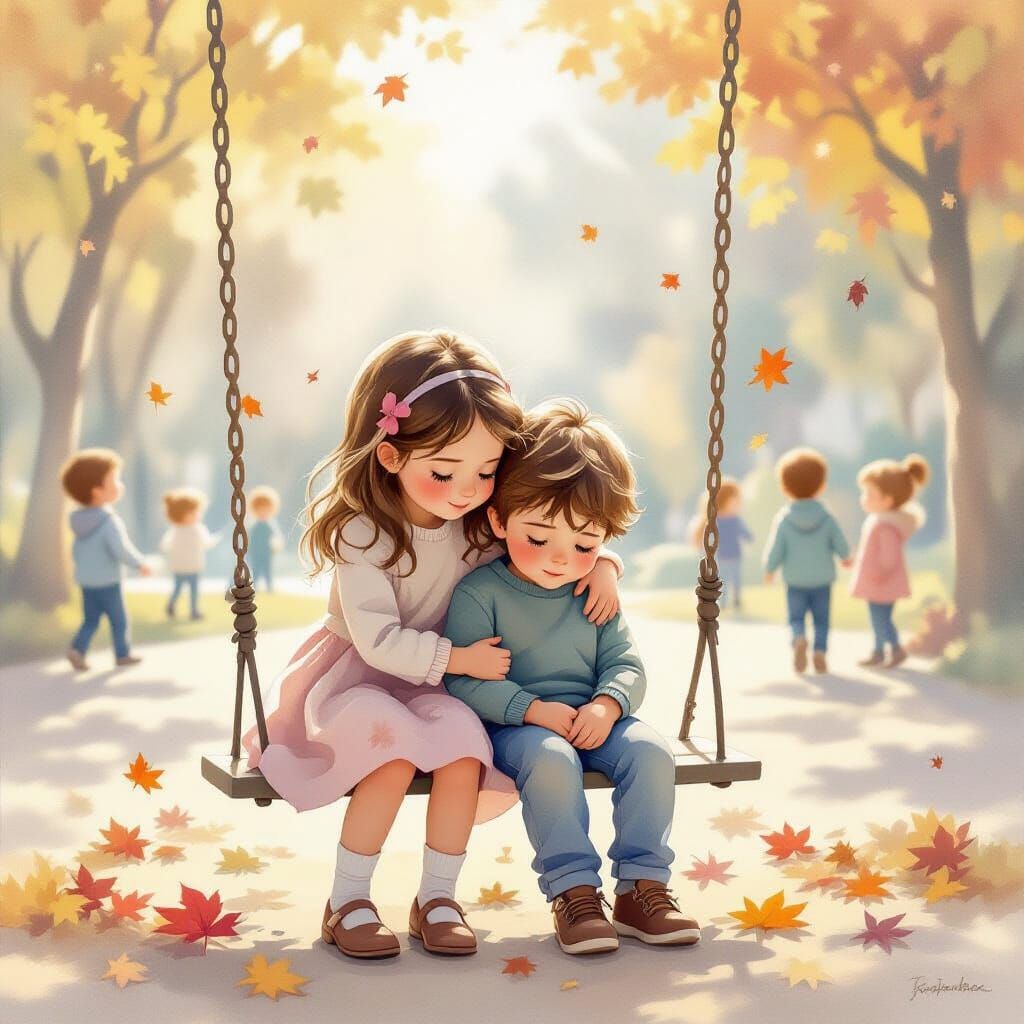 A little girl comforting her sad friend on a playground after school. She puts her arm around him while they sit on a swing, surrounded by s...