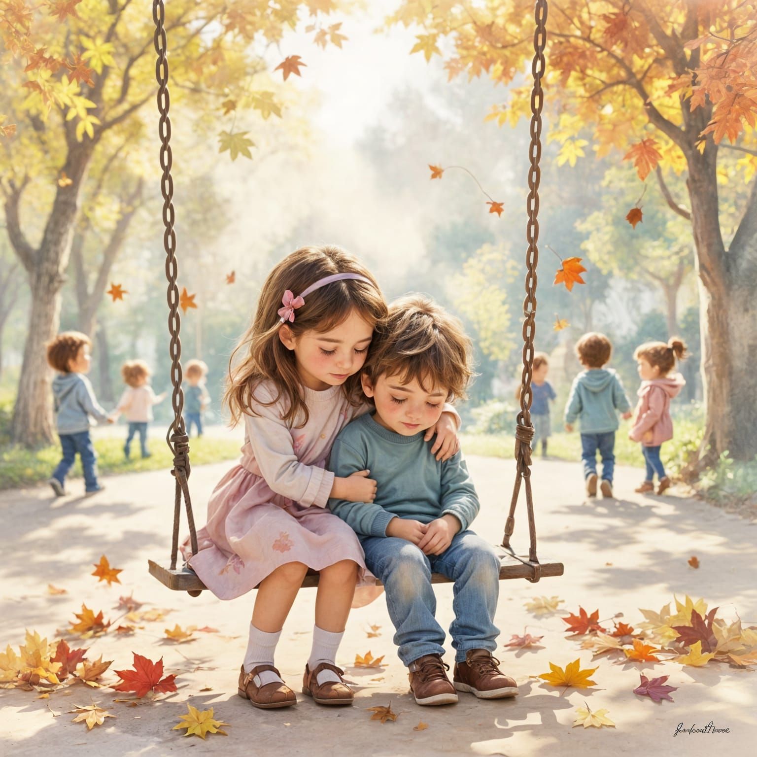 A little girl comforting her sad friend on a playground after school. She puts her arm around him while ...  by @Likra