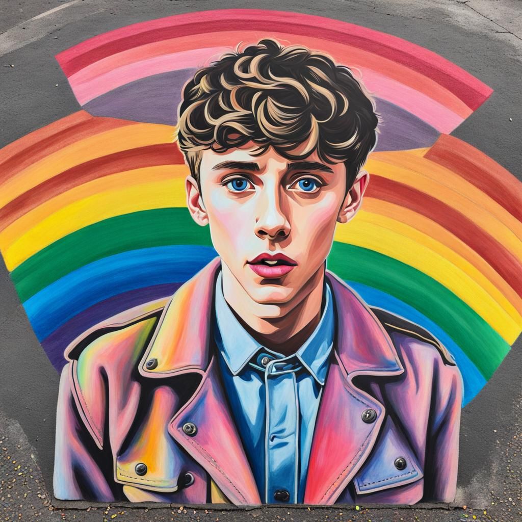 sidewalk art, chalk art, colored chalk image of Troye Sivan, rainbow ...