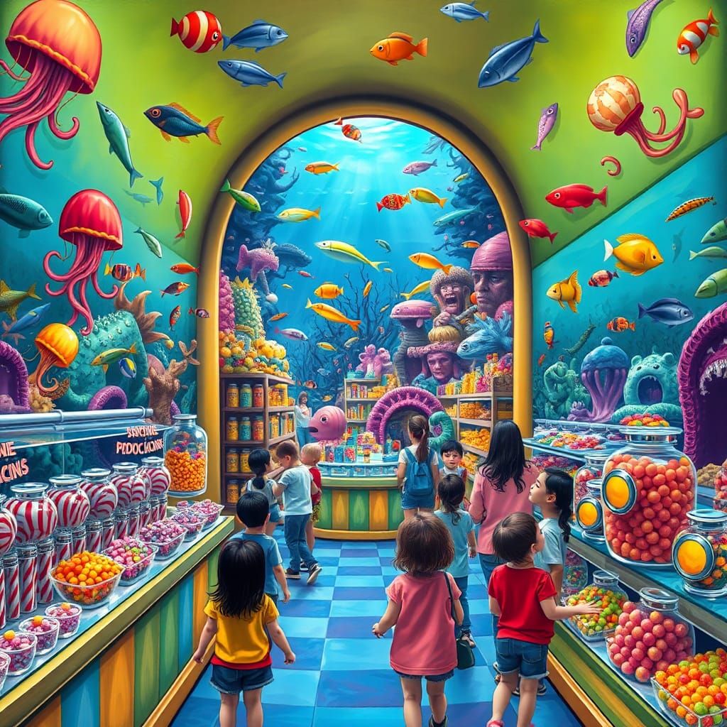 Candy store inside children’s aquarium museum. AI Generated Artwork
