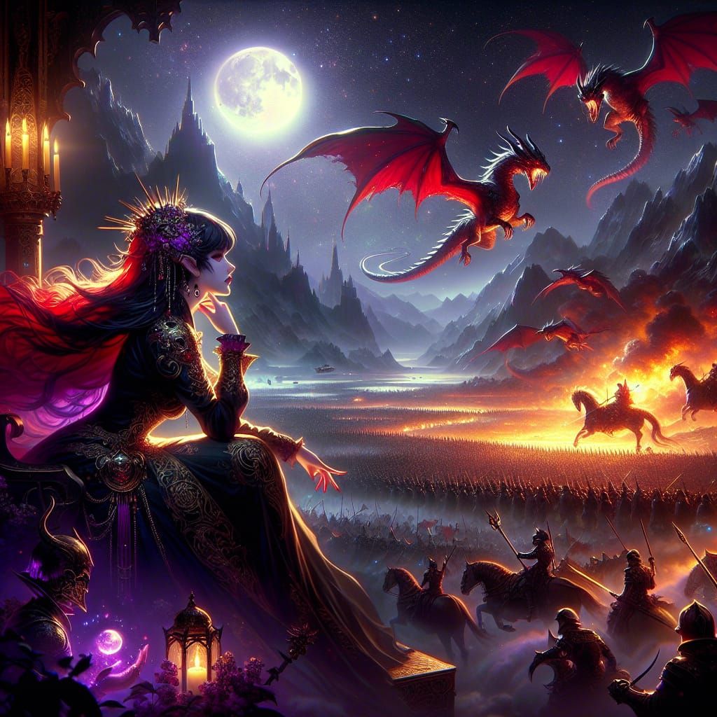 Vampire Queen admiringly watching her army's march.