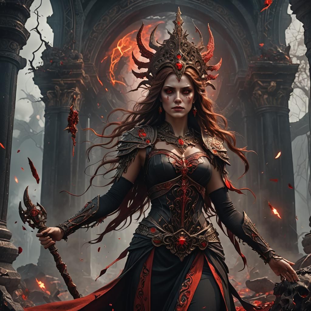 rebecca as a goddess of death wearing black and red with bro...