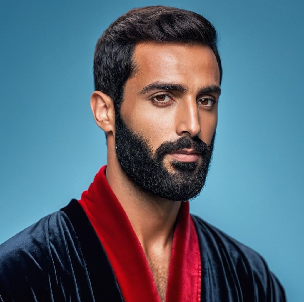 A handsome bearded  man  wearing a      black velours   bath...