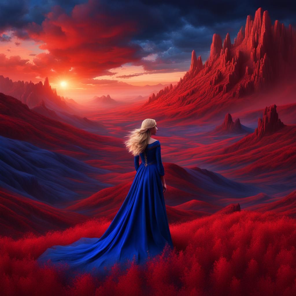 Blonde woman wearing a royal blue dress in a red landscape l...