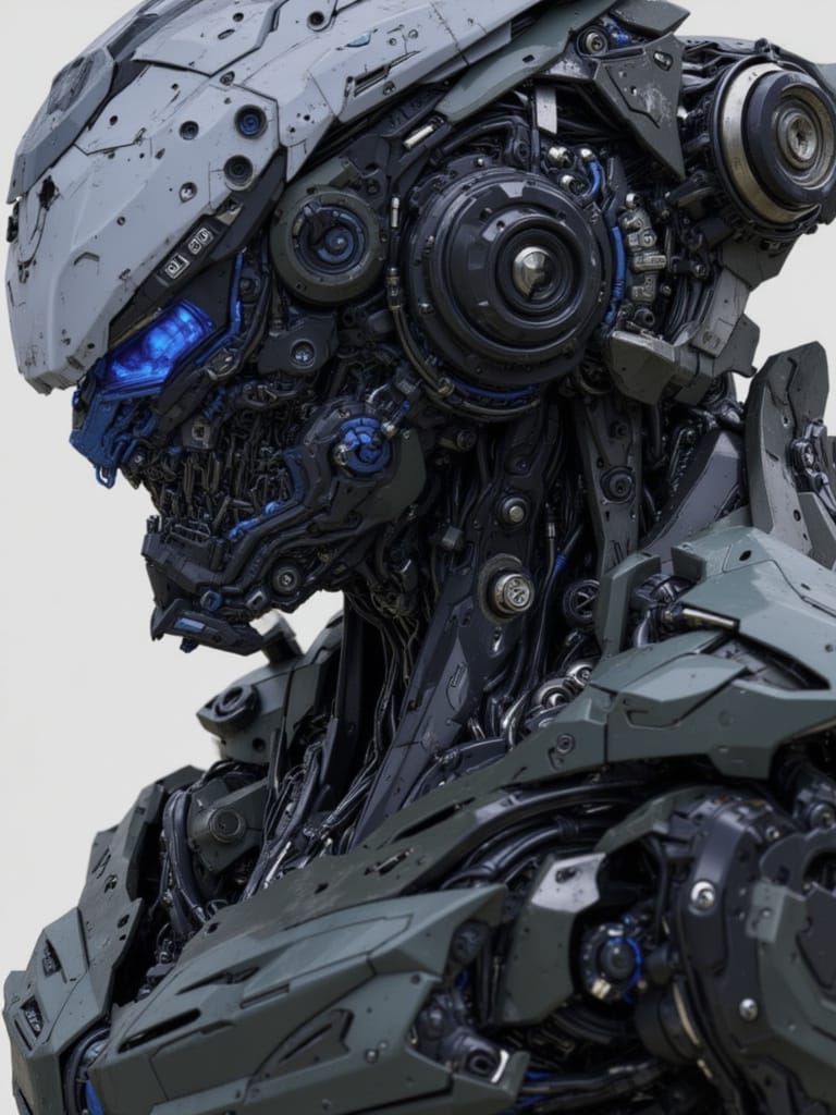 <lora:Combat Machine:1.0> A sleek mecha with visor, Side view portrait