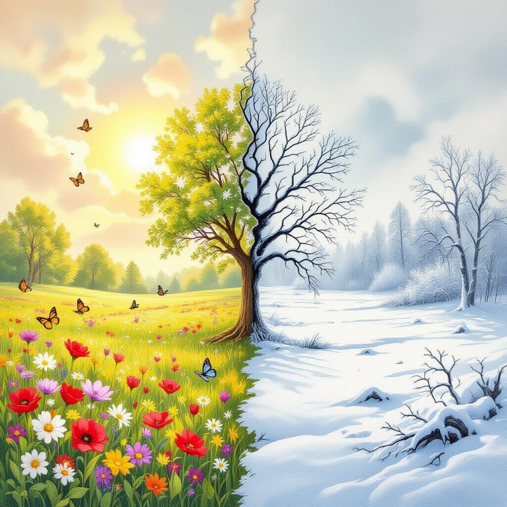 A highly detailed pencil and watercolor sketch depicting two halves of a world in stark opposition. On ...  by @LordSamourai