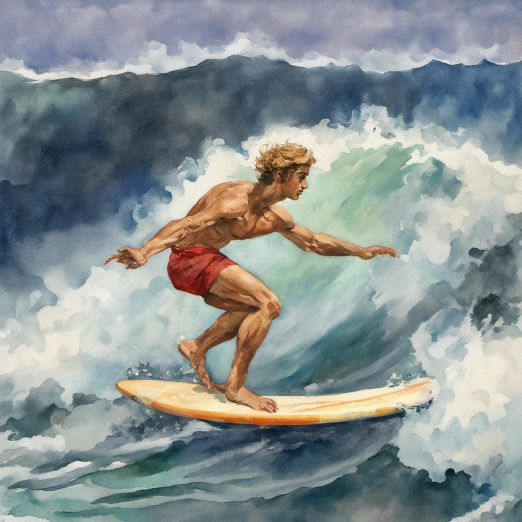 Michelangelo's David as a Surfer on a Surfboard on a Wave, i...