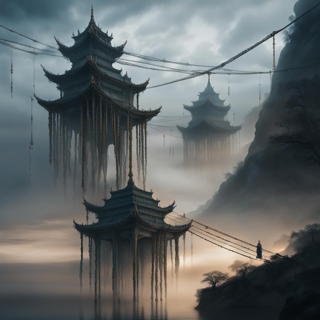 Temples of a hundred hanging ropes  floating in fog over wat...