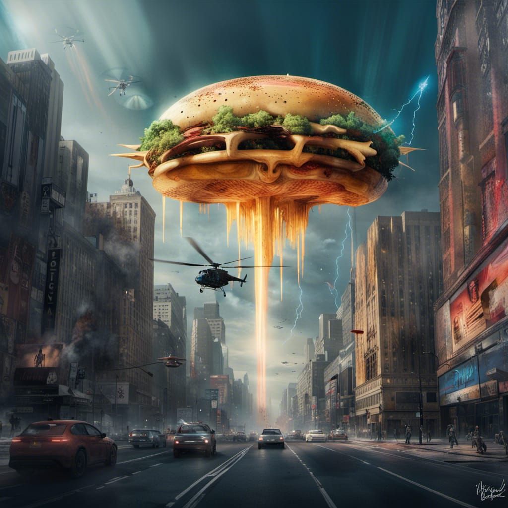 A UFO disguised as a sandwich attacks a city.  by @Mikoshi