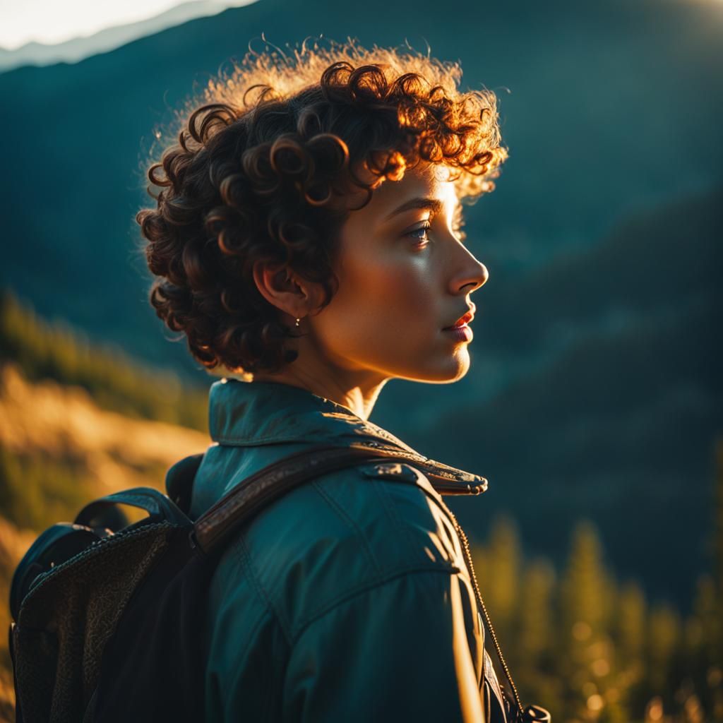 A close-up shot of alone short curly hair girl in mountain, ...