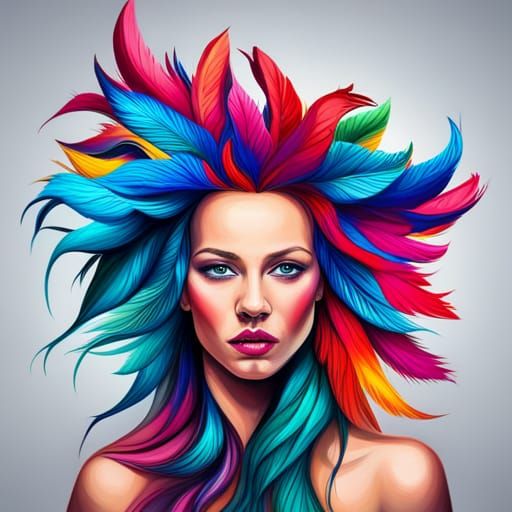 Woman with vibrant feathers for hair