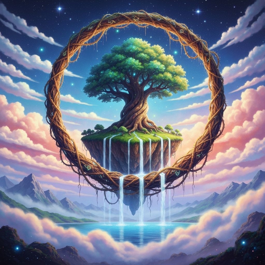 A colossal, ancient tree with bioluminescent leaves glows atop a floating island, encircled by a massive, root-woven ring suspended in midai...