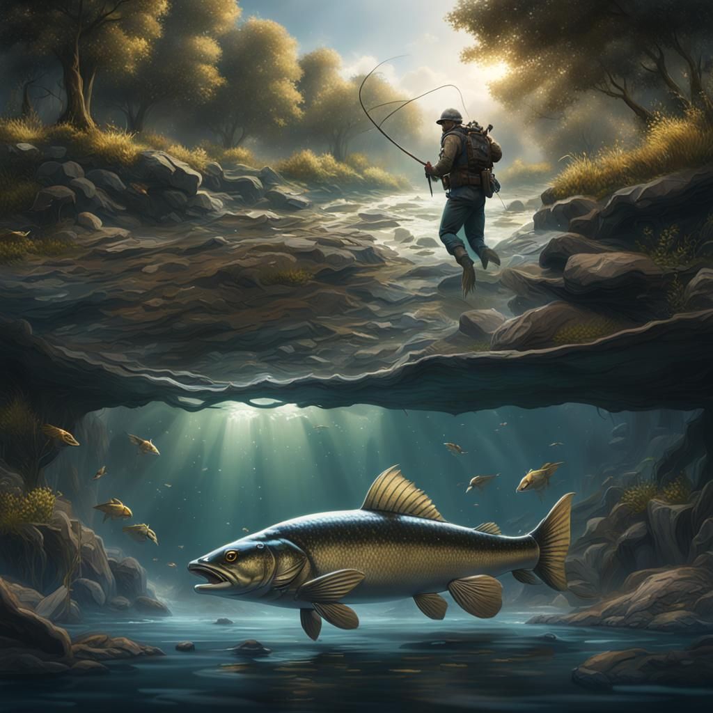 Hooking a big fish in a river. - AI Generated Artwork - NightCafe Creator