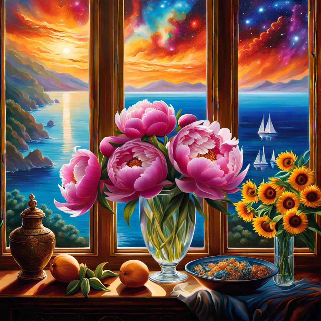 Cosmic Still Life: Floral Arrangement Under Nebula Sky