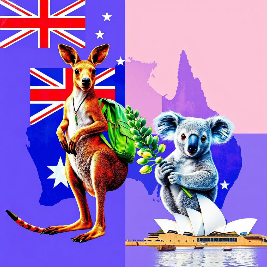  Australia , a kangaroo,  a koala, sidney opera house