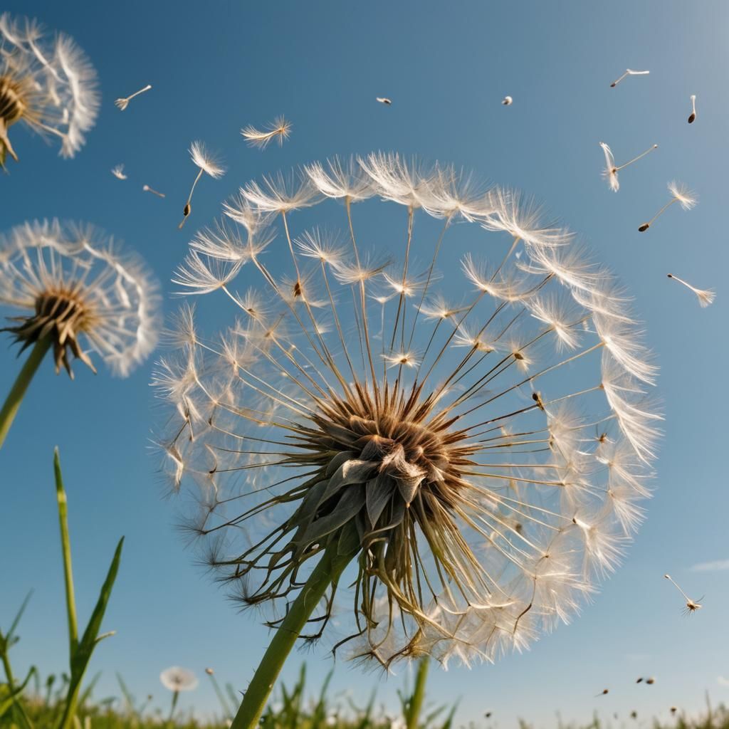 close-up shot of a flying dandelion with seeds in the wind, green field and blue sky background  by @Hugo Raul