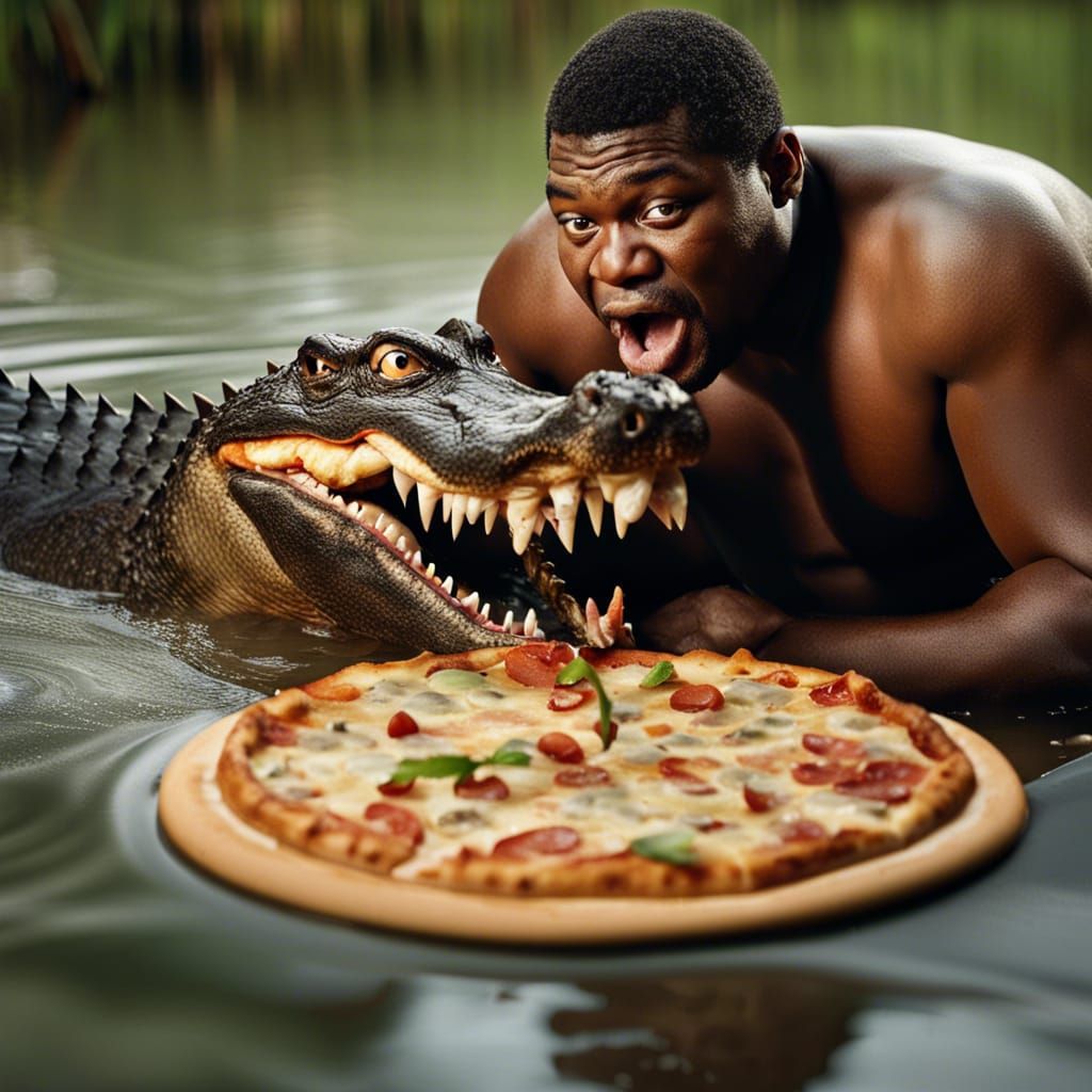 a fat shirtless black man fights an alligator in a swamp over a peice ...