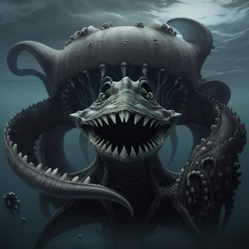Real world Extremely eerie dreadful following gigantic sea monster Julia giant squid one eyed tentacle cryptid squid creature the size of a...
