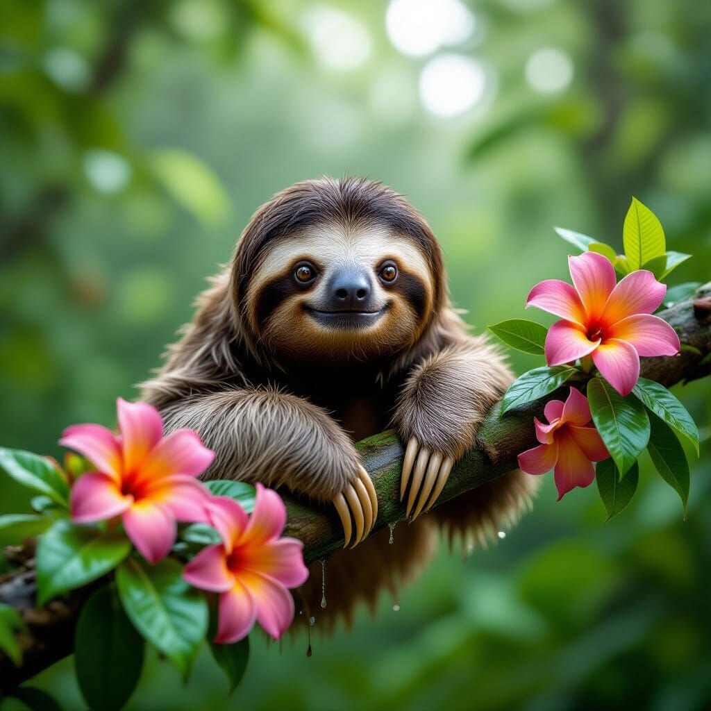 A three-toed sloth, rendered in hyperrealistic detail, slowly navigates a branch laden with vibrant, exotic flowers in a misty rainforest ca...