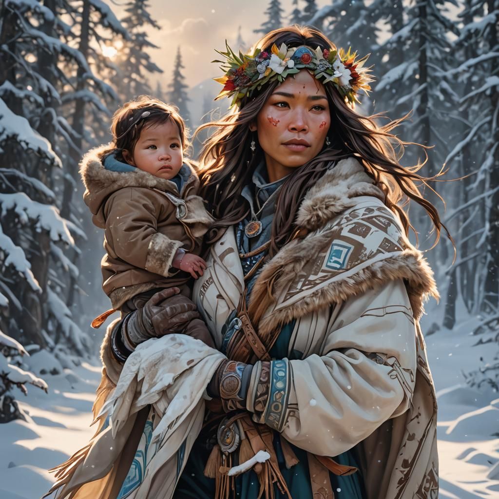 Artistic portrait of native Alaskan woman carrying her baby ...