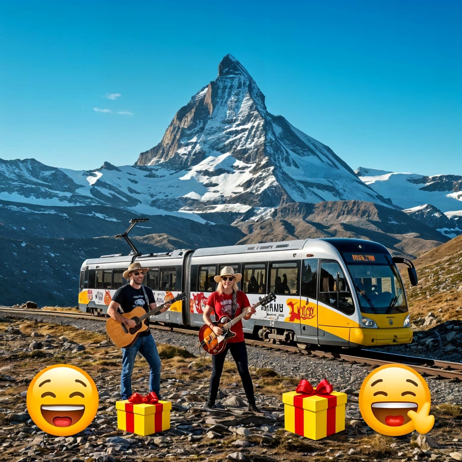 Mountain Train Journey with Diverse Emojis