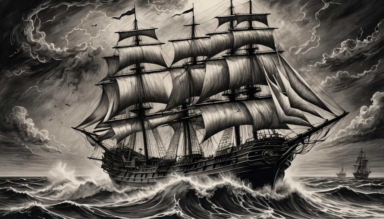 Sailing ship sails with stormy seas