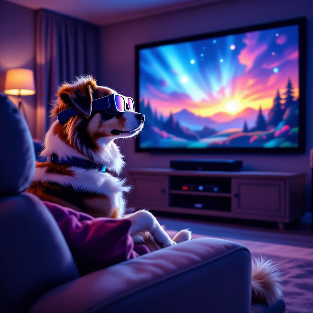 Dog Enjoys Movie in Home Theater with 3D Glasses