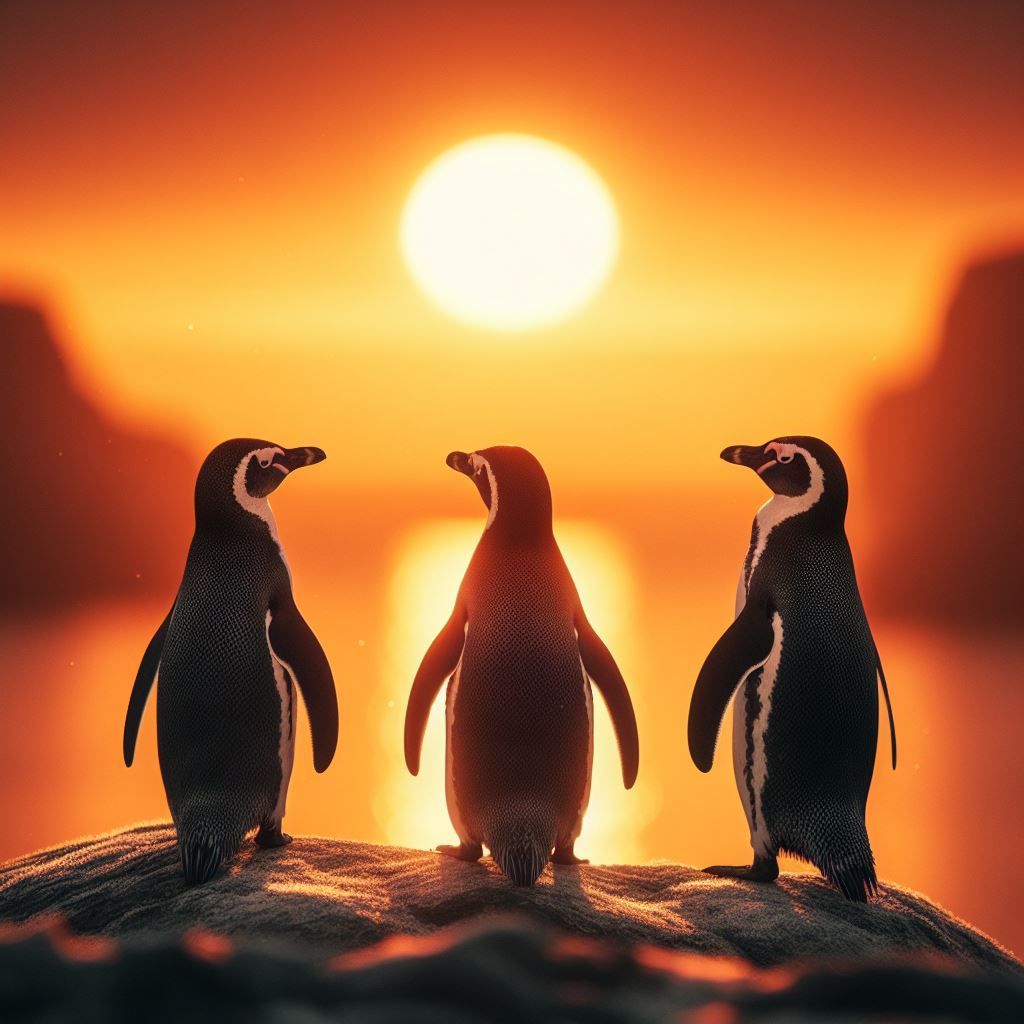 🐧🌅 three penguins standing on a rock