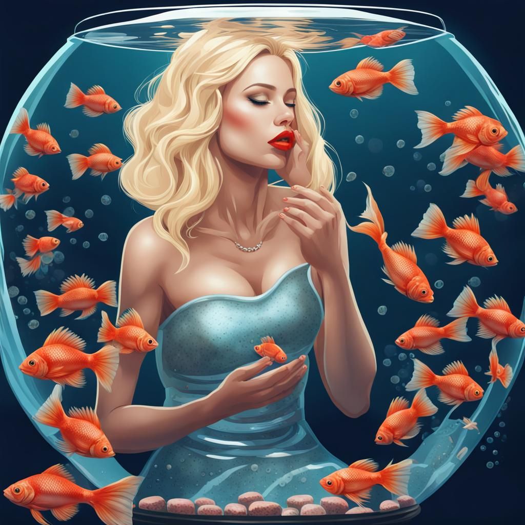 A realistic blond woman living in a circle fishtank. Wearing...