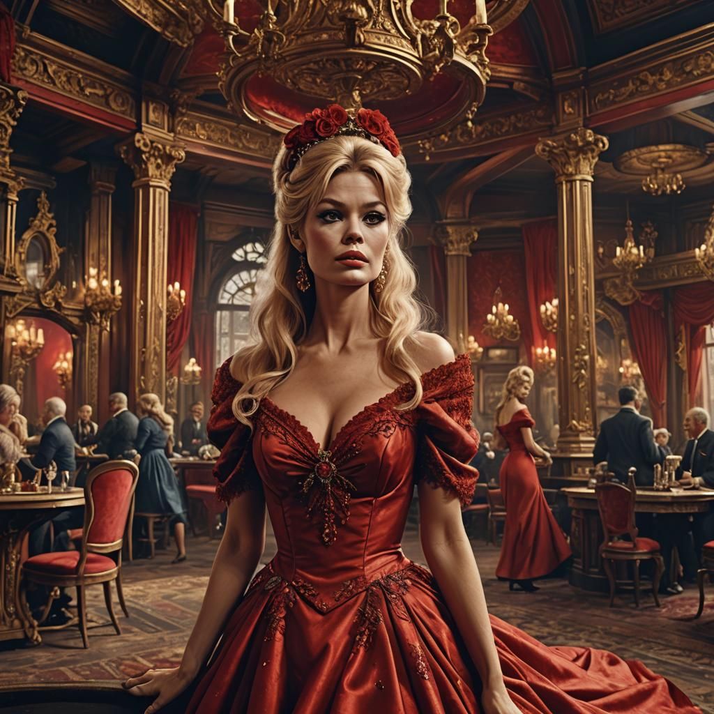 Brigitte Bardot très élégante dans un saloon en robe rouge m...