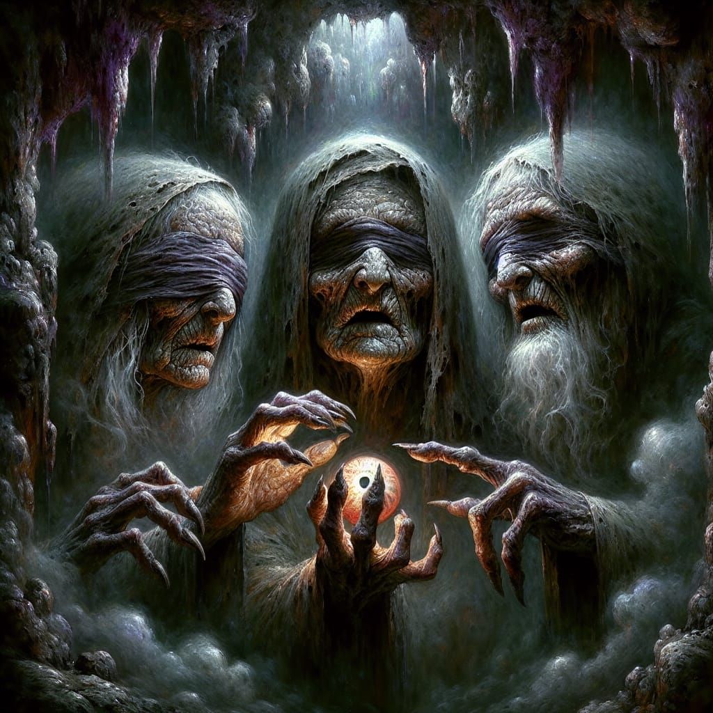 The three blind Stygian Witches, with their single eyeball, gathered in a dark, cavernous lair  by @Marshas Creative AI Designs
