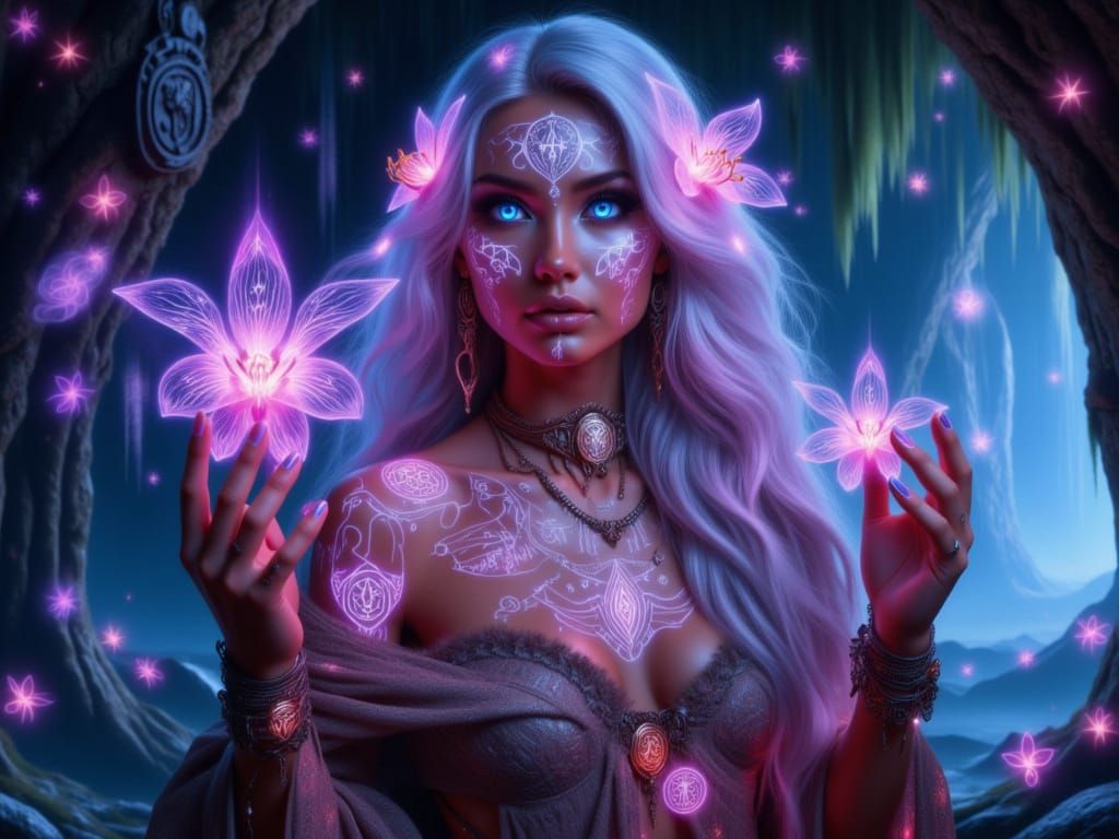 <lora:FiosRuneMagic:1.0> Ophelia, Orchid enchantress
