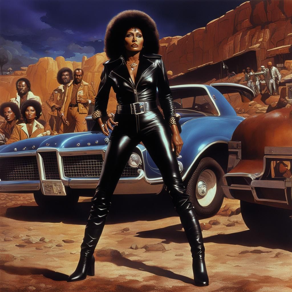 Pam Grier wearing a leather catsuit and black leather knee boots in the ...